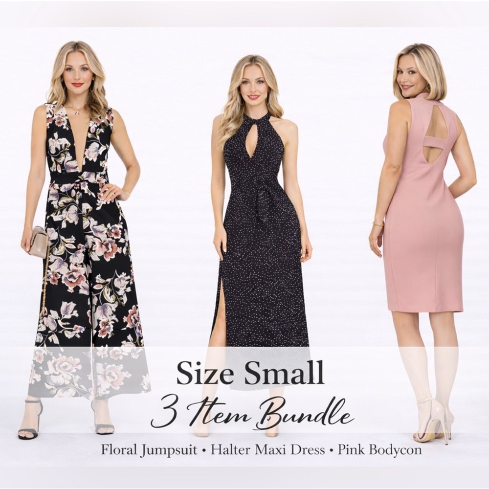Size Small 3 Piece Dress Bundle Floral Jumpsuit Halter Maxi Pink Bodycon